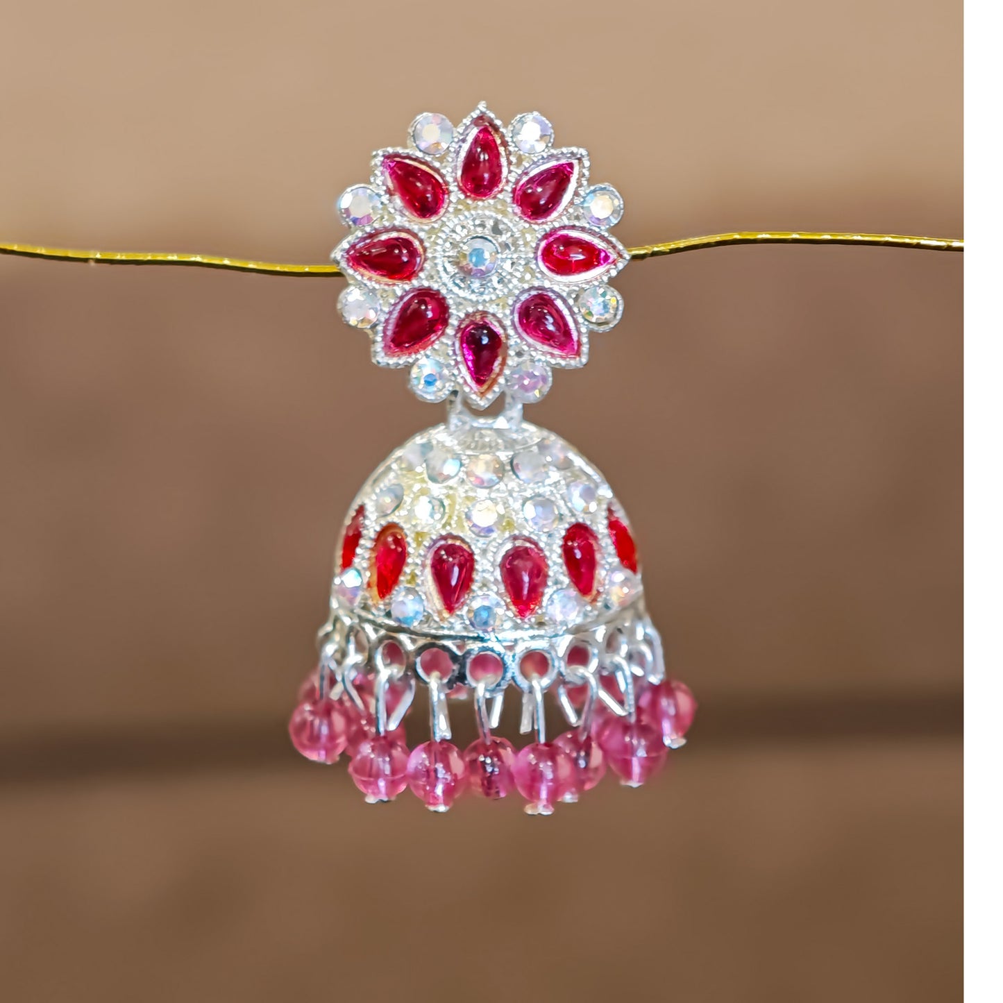 Rani Pink Silver Toned Floral Jhumki