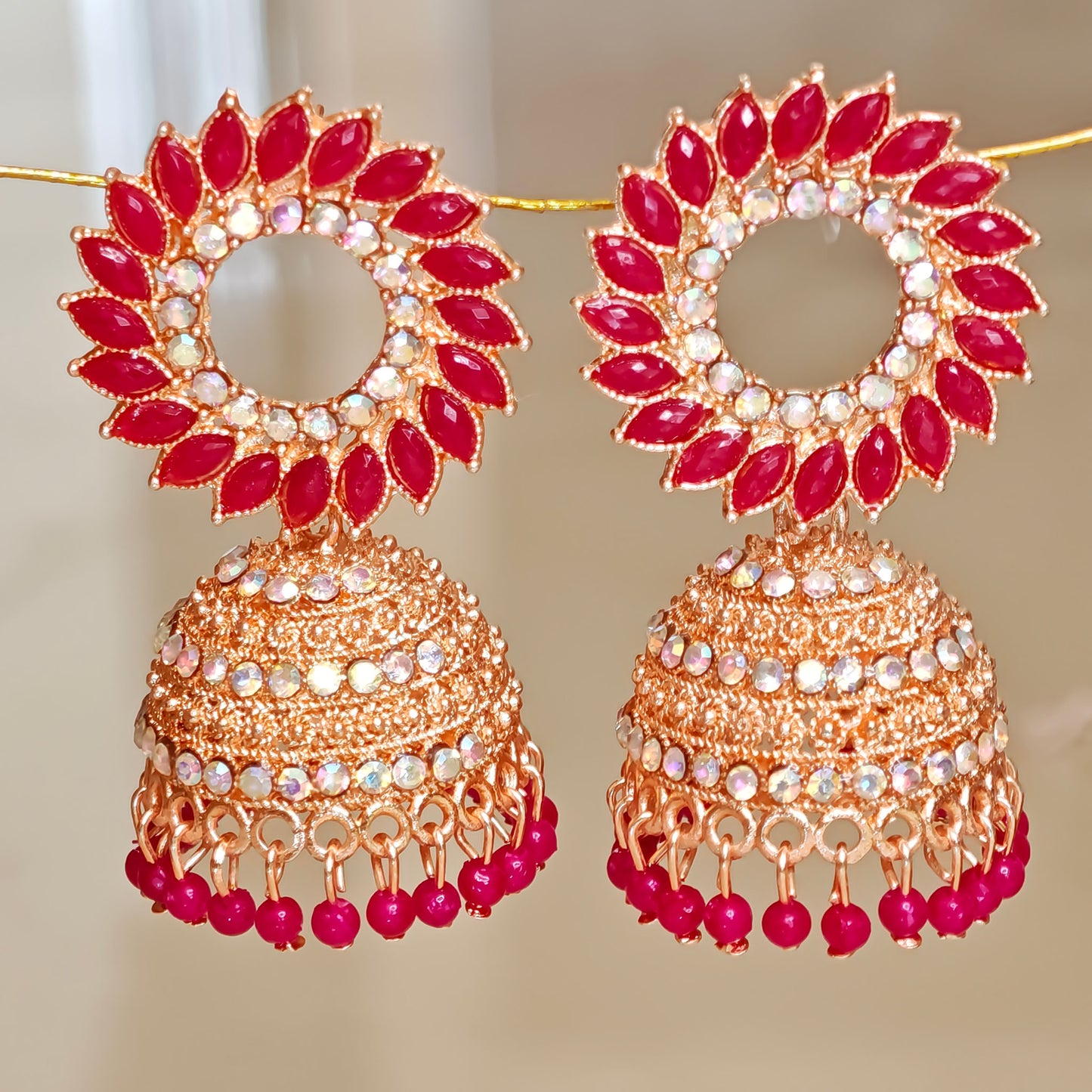 Rani Pink Floral Golden Jhumki