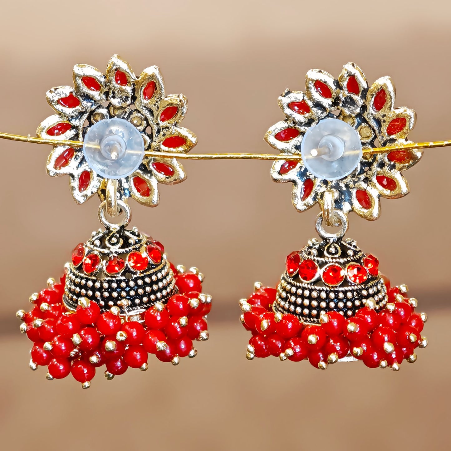 Red Floral Cluster Jhumki