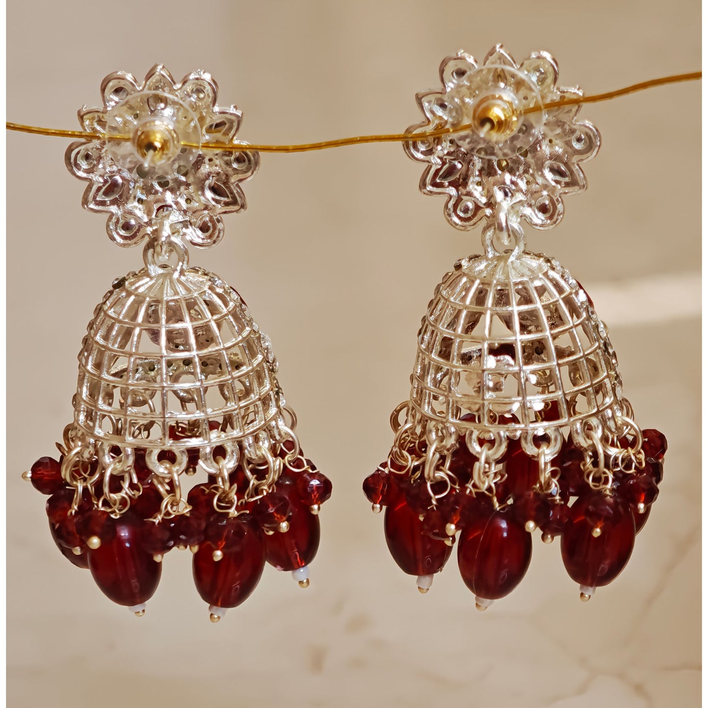 Red Floral Silver Toned Jhumki