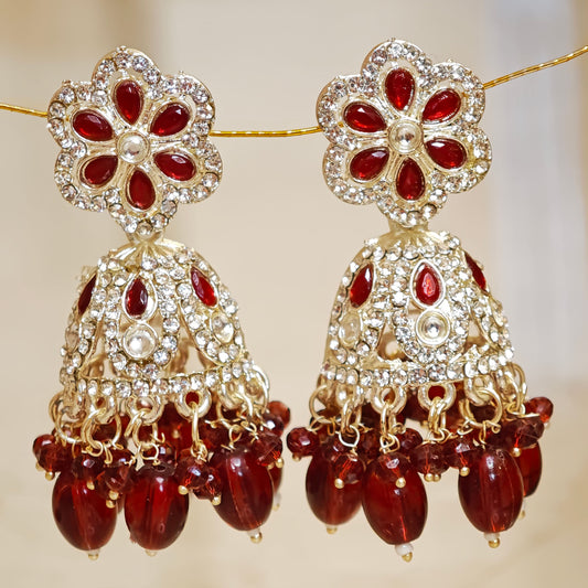 Red Floral Silver Toned Jhumki