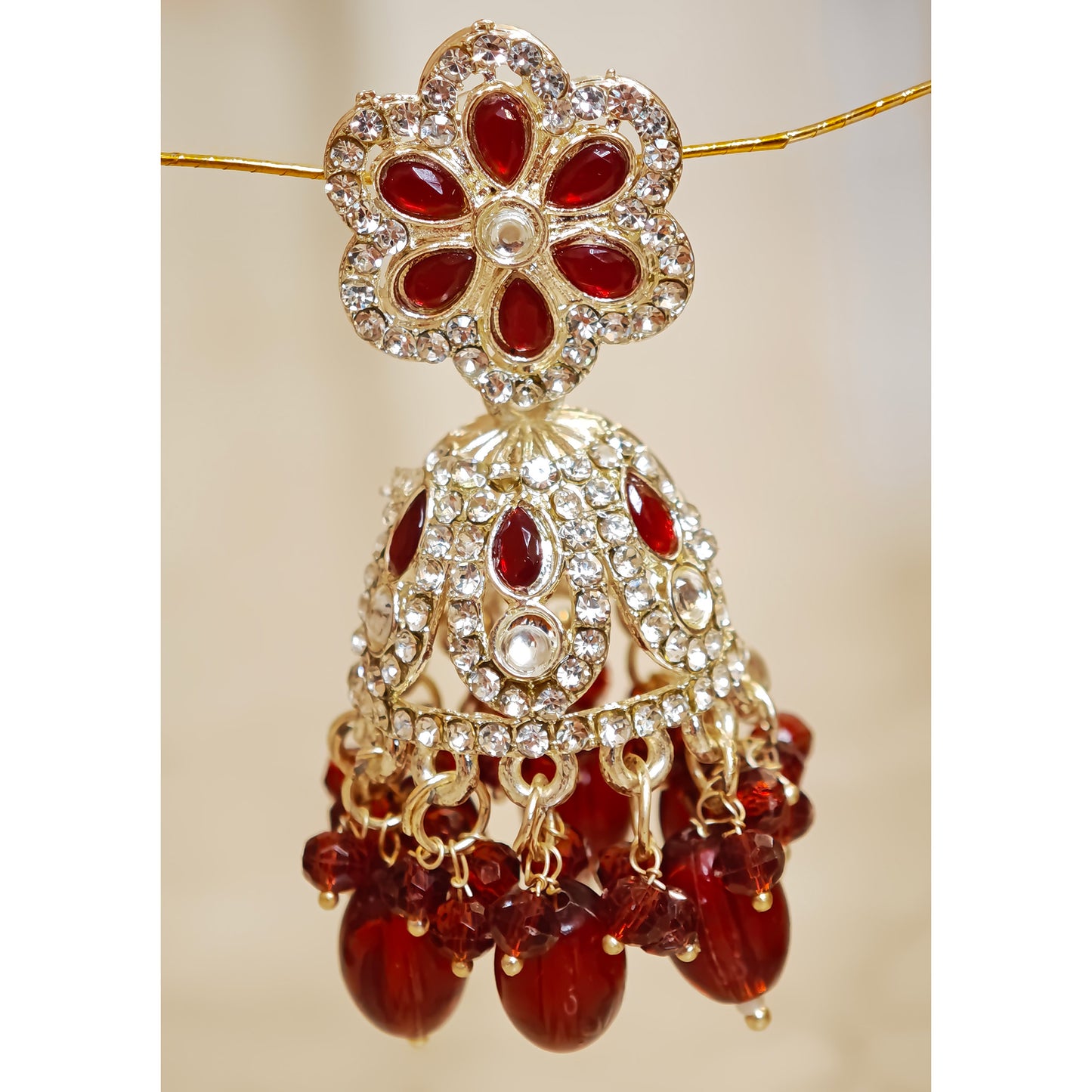 Red Floral Silver Toned Jhumki