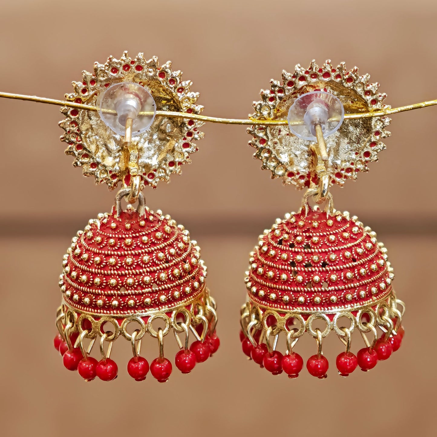 Red Golden Toned Disc Jhumki