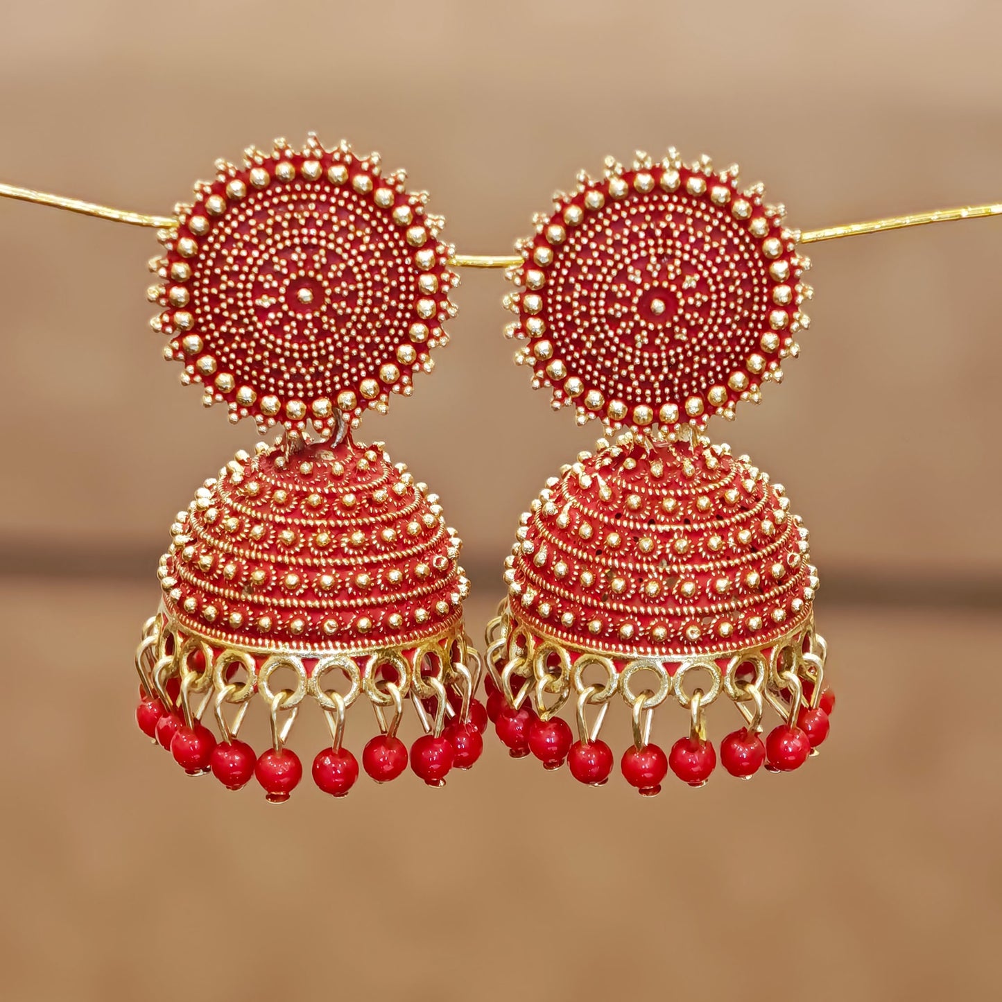 Red Golden Toned Disc Jhumki
