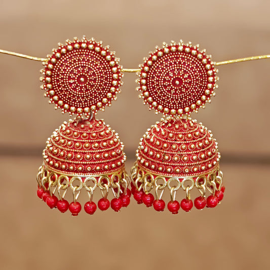 Red Golden Toned Disc Jhumki