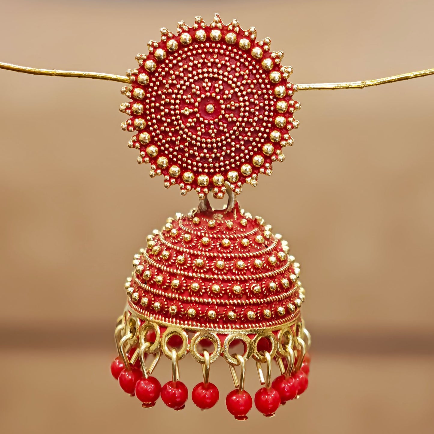 Red Golden Toned Disc Jhumki