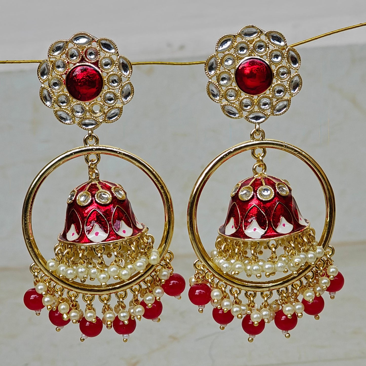 Red Chandbali Kundan Jhumki