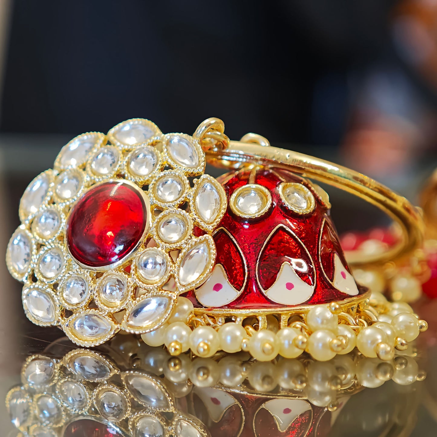 Red Chandbali Kundan Jhumki
