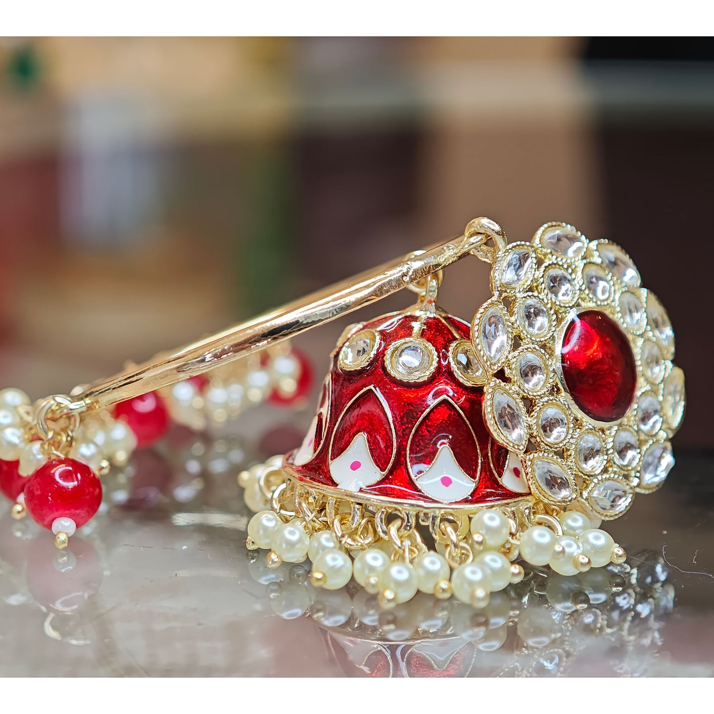 Red Chandbali Kundan Jhumki