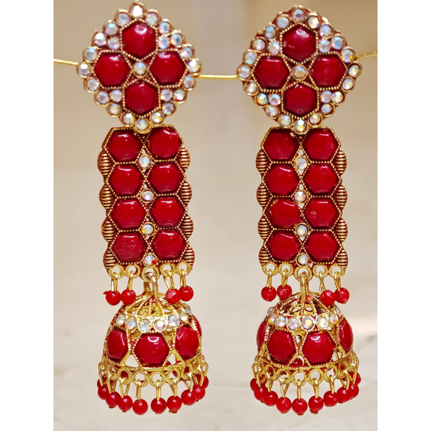 Red Long Stone Jhumki