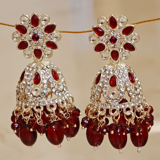 Red Silver Floral Jaali Jhumki