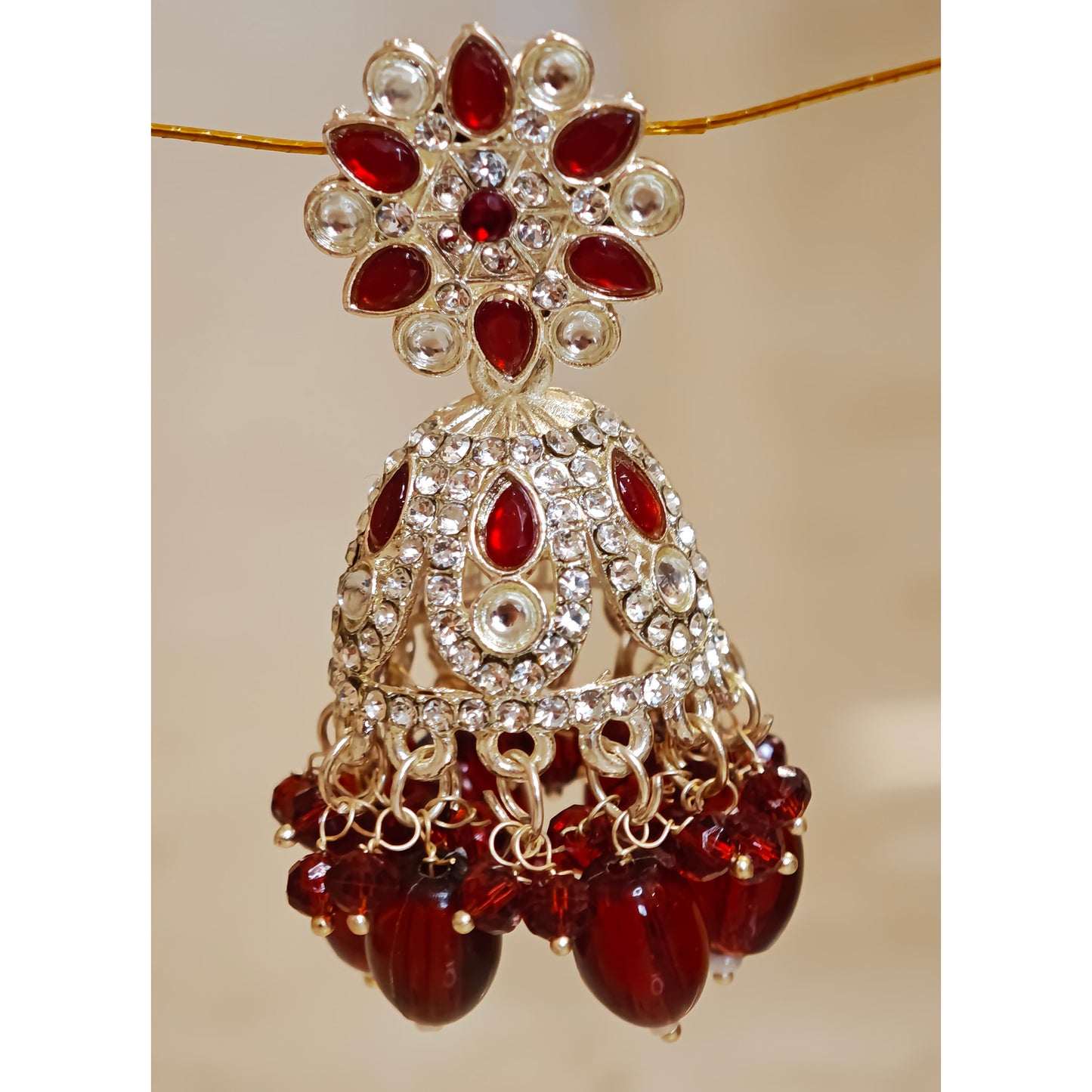 Red Silver Floral Jaali Jhumki