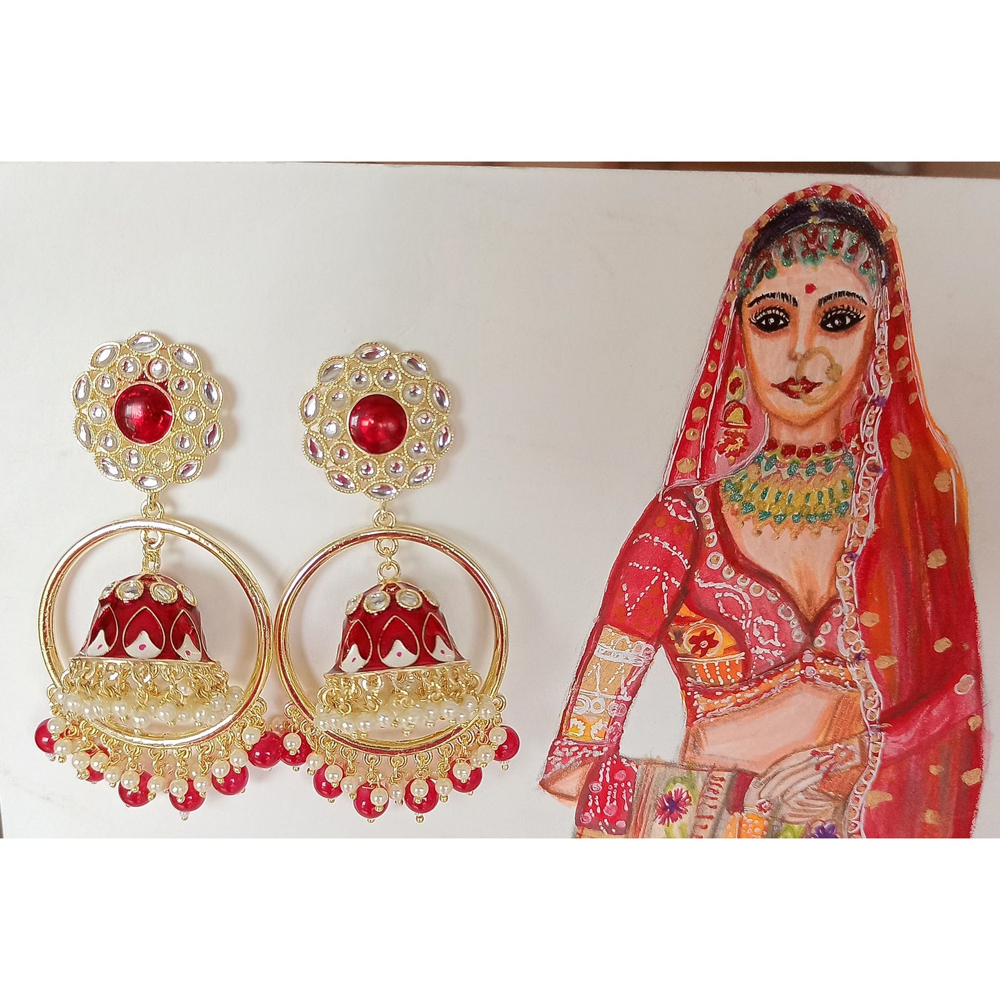 Red Chandbali Kundan Jhumki