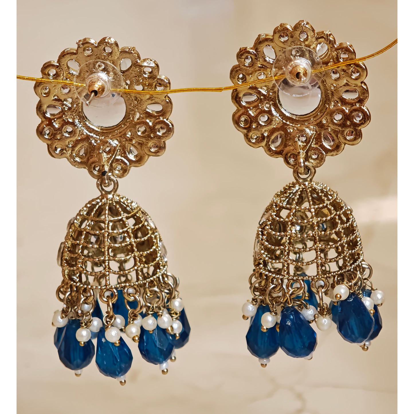 Royal Blue Kundan Floral Jaali Jhumki