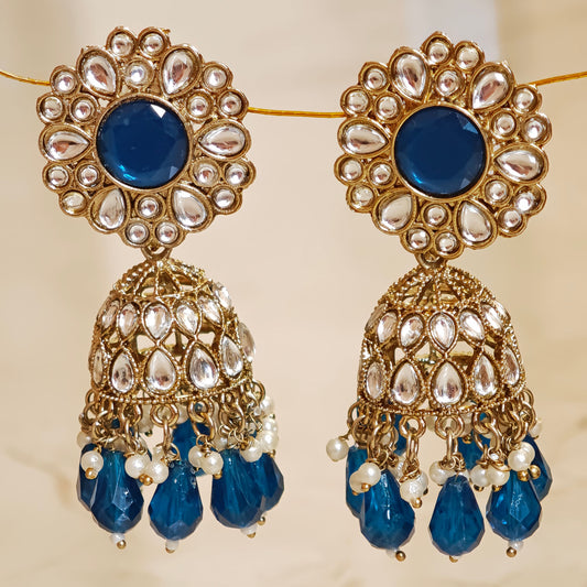 Royal Blue Kundan Floral Jaali Jhumki