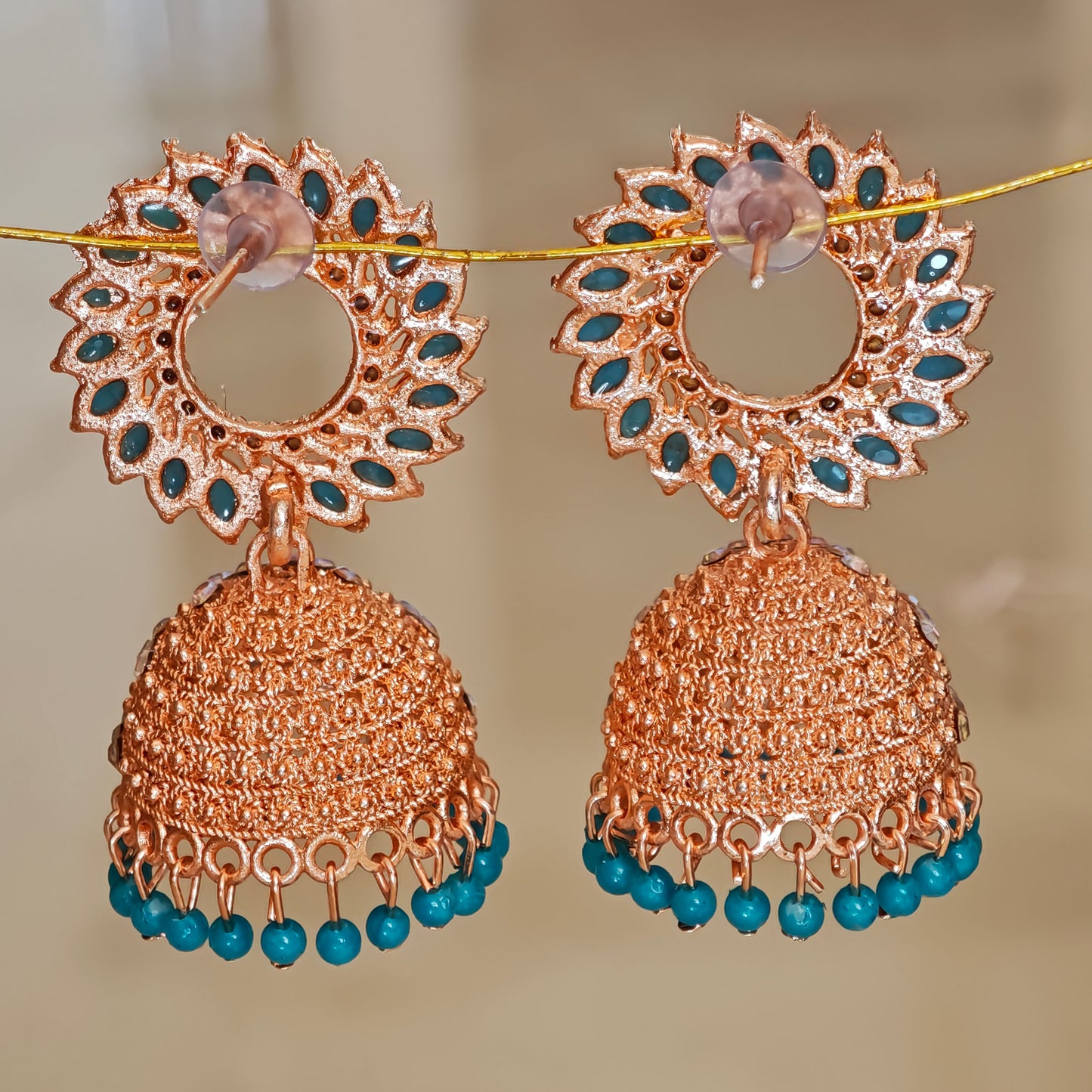Sky Blue Floral Golden Jhumki