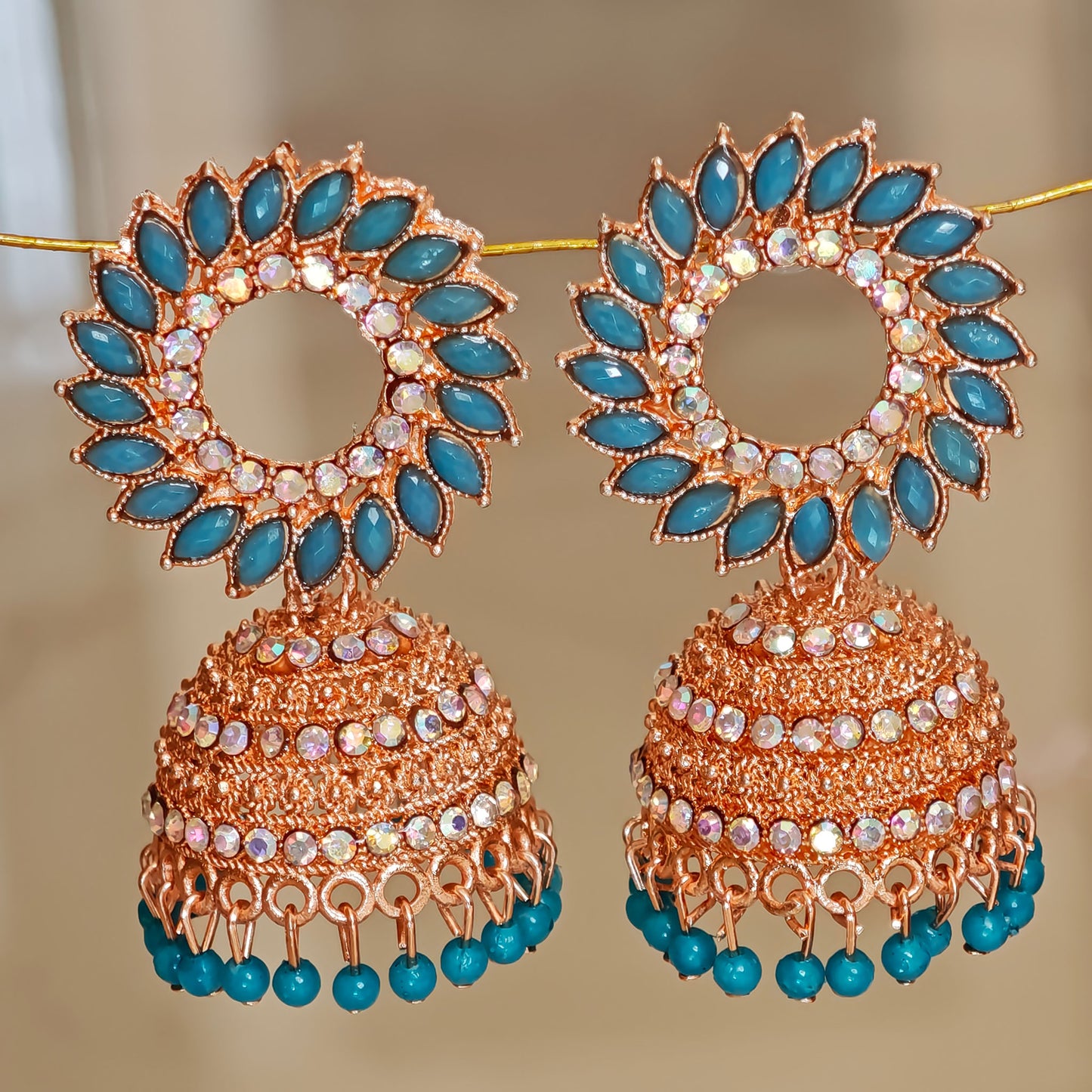 Sky Blue Floral Golden Jhumki