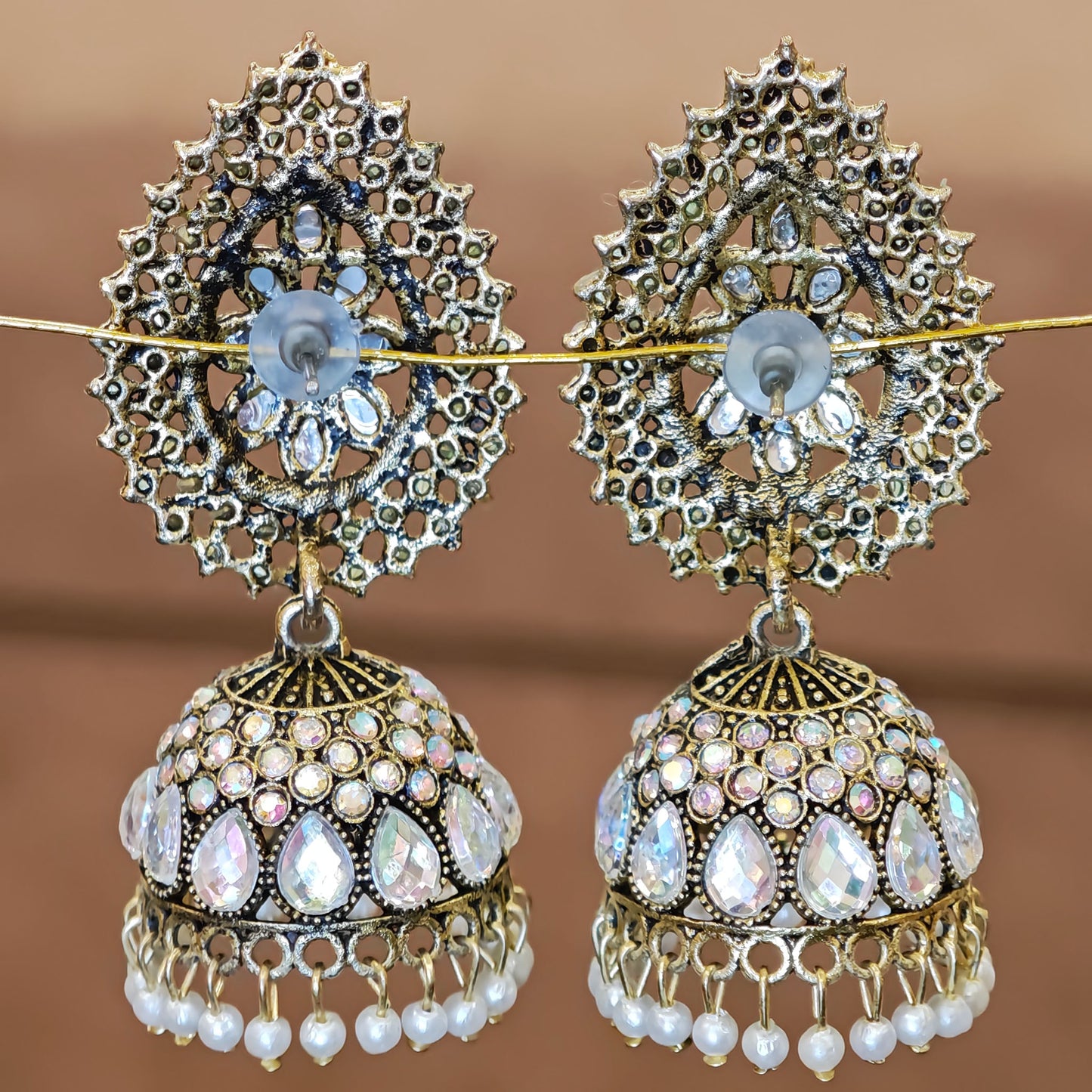 Stones Jhumki with Silver Golden Tone