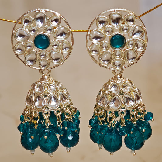 Turquoise Blue Floral Kundan Jhumki