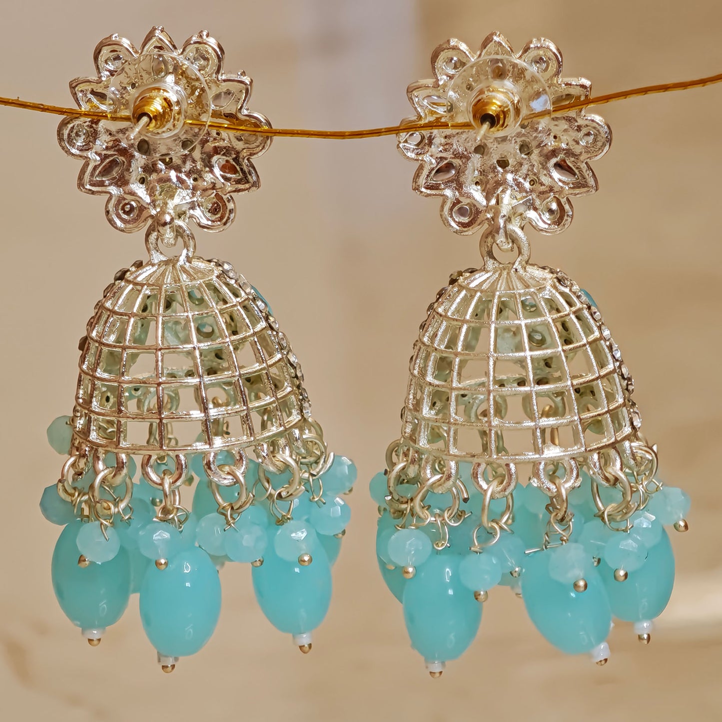 Turquoise Blue Silver Floral Jaali Jhumki