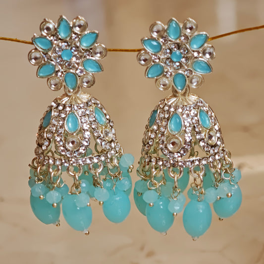 Turquoise Blue Silver Floral Jaali Jhumki