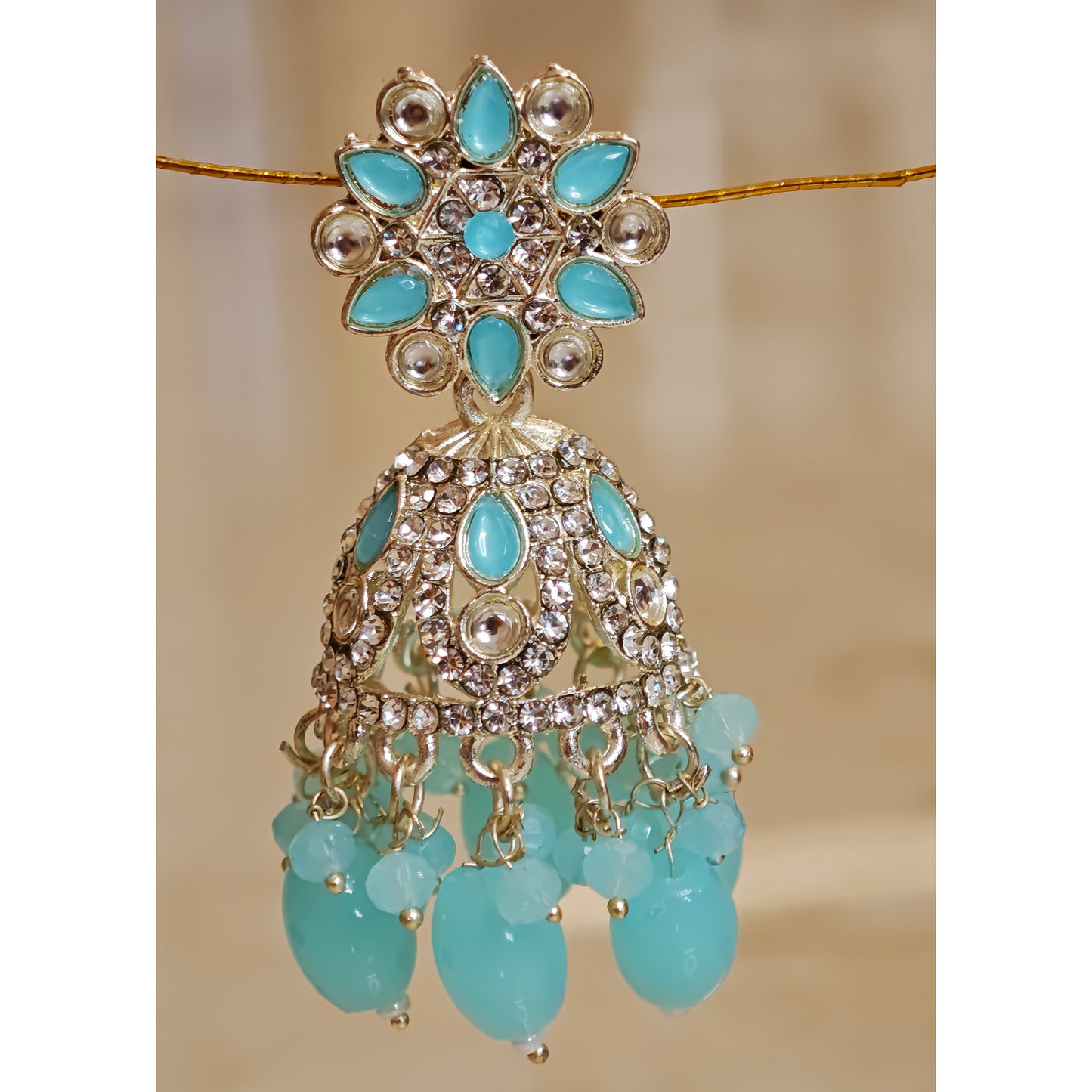 Turquoise Blue Silver Floral Jaali Jhumki