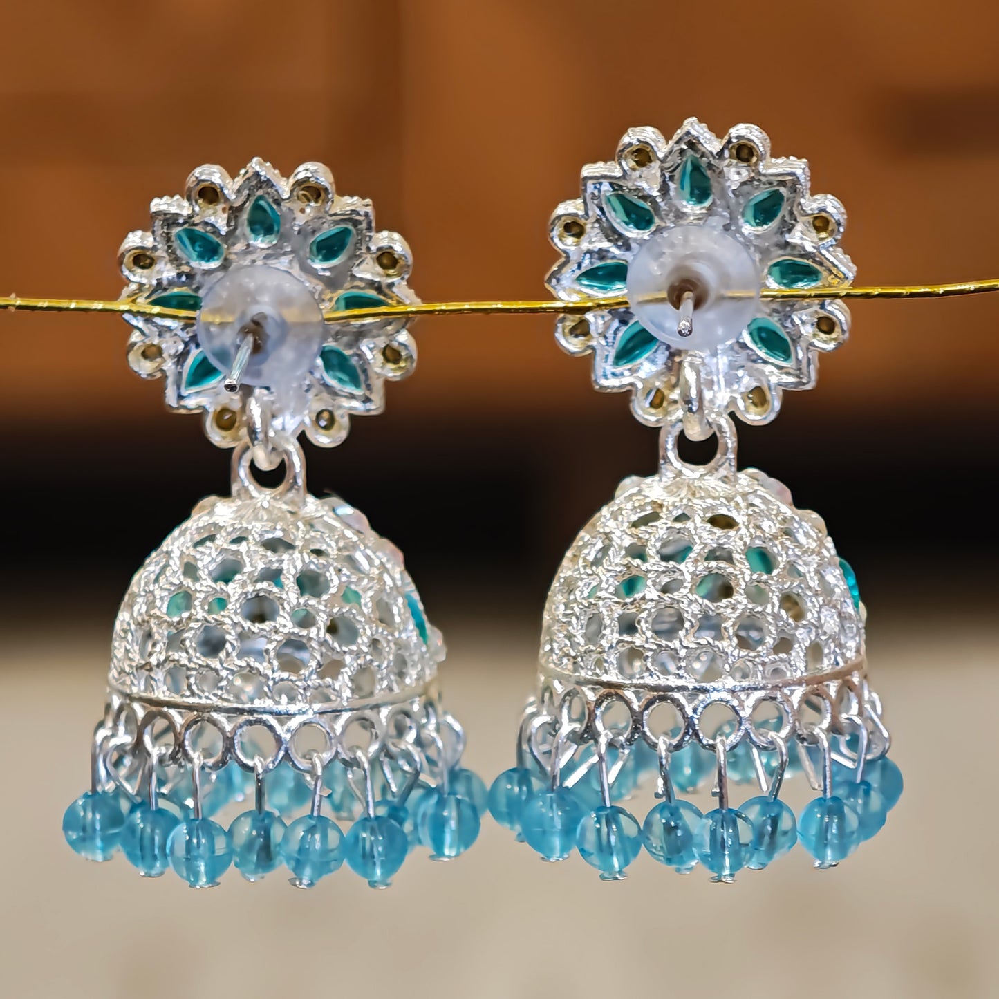 Turquoise Blue Silver Toned Floral Jhumki