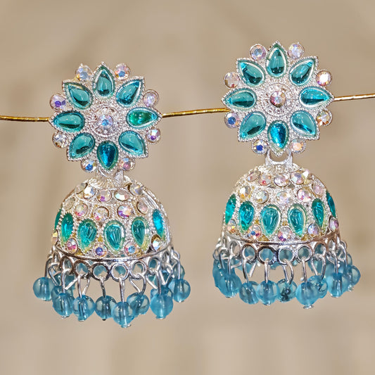Turquoise Blue Silver Toned Floral Jhumki