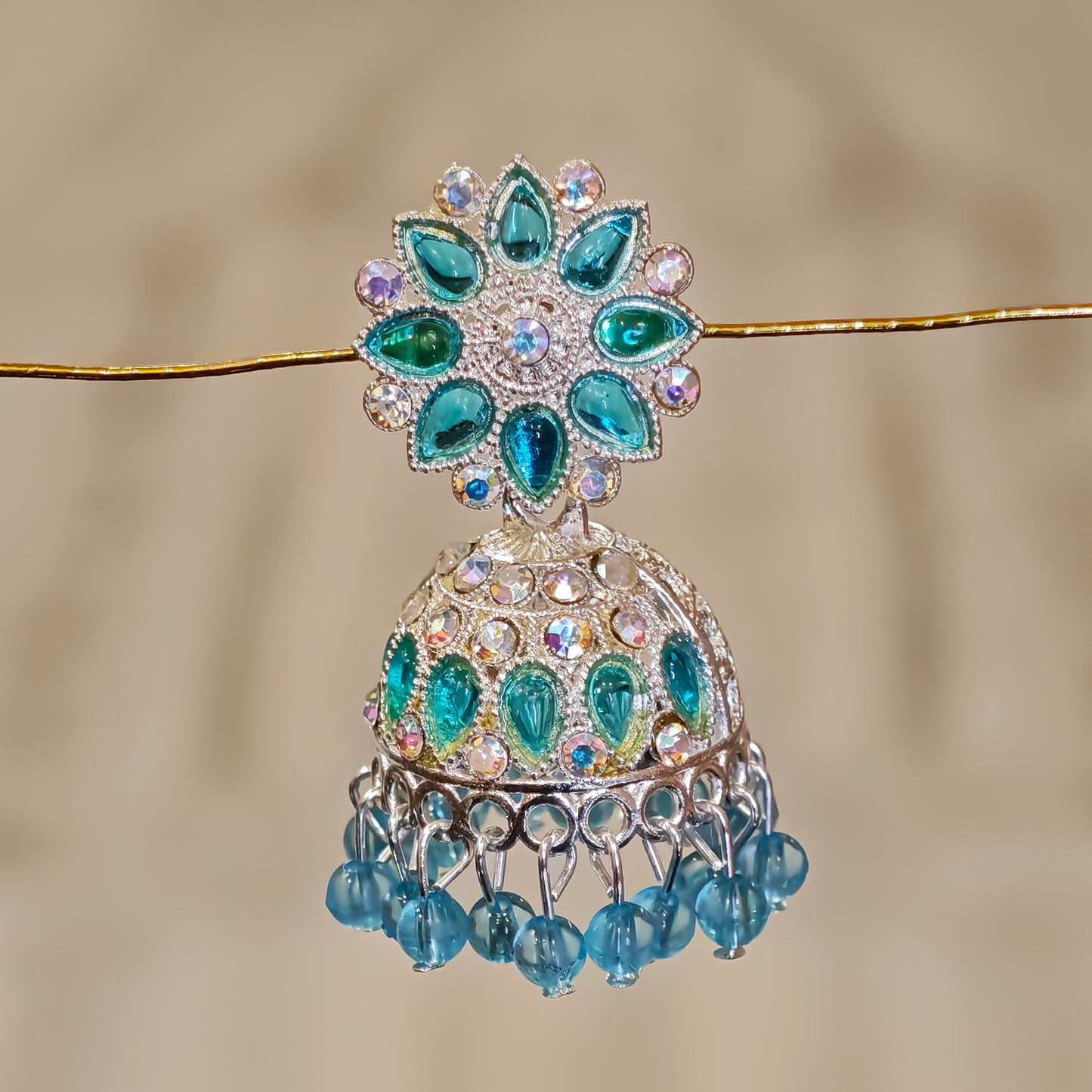 Turquoise Blue Silver Toned Floral Jhumki