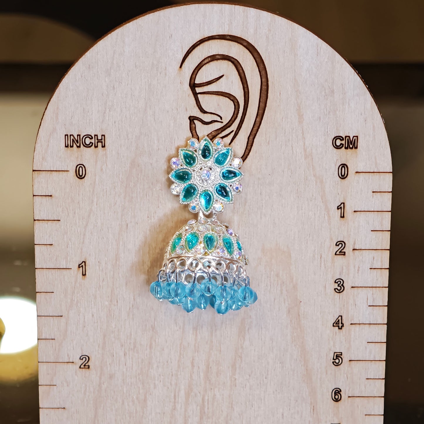 Turquoise Blue Silver Toned Floral Jhumki